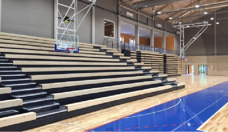 Retractable seating with wooden bench seat